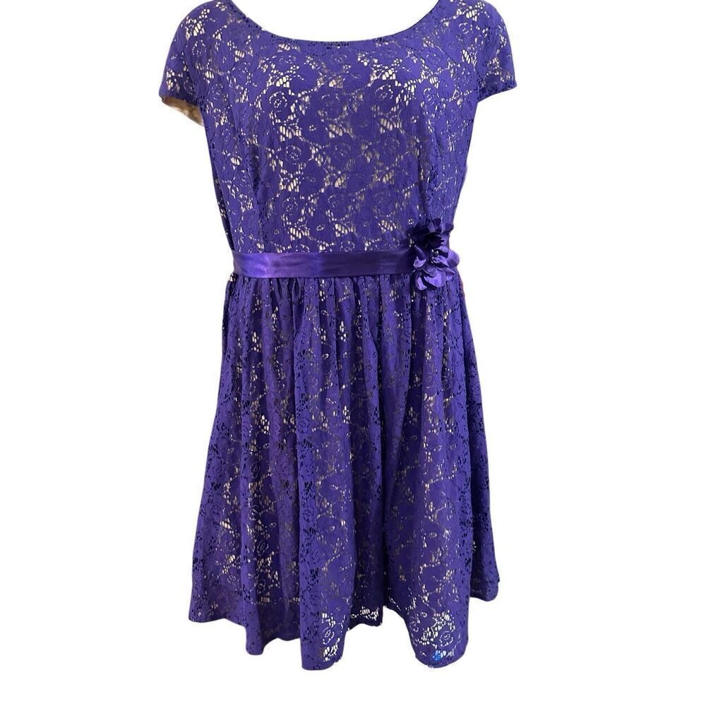 Pompous Girly Women's Purple Floral Lace Satin Tie Waist Fit & Flare Dress NWT